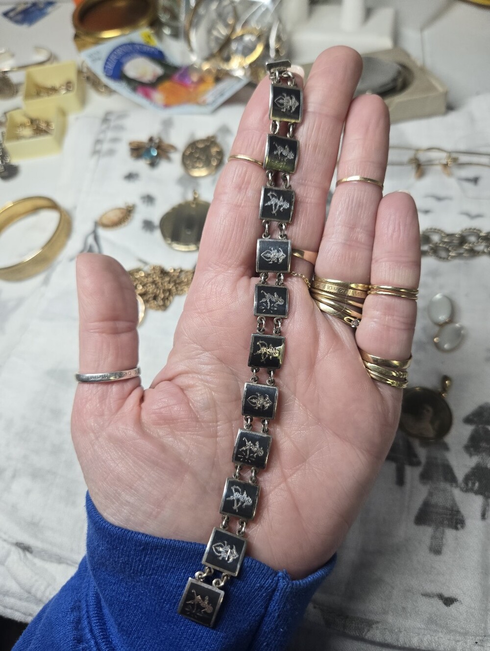 Vintage Siam Niello sterling silver link bracelet